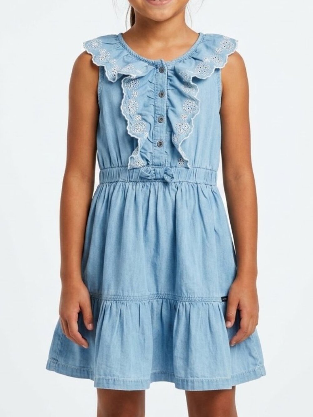 Calvin Klein Cottagecore Denim Ruffle Dress Kids Size 8 Eyelet Lace Chambray